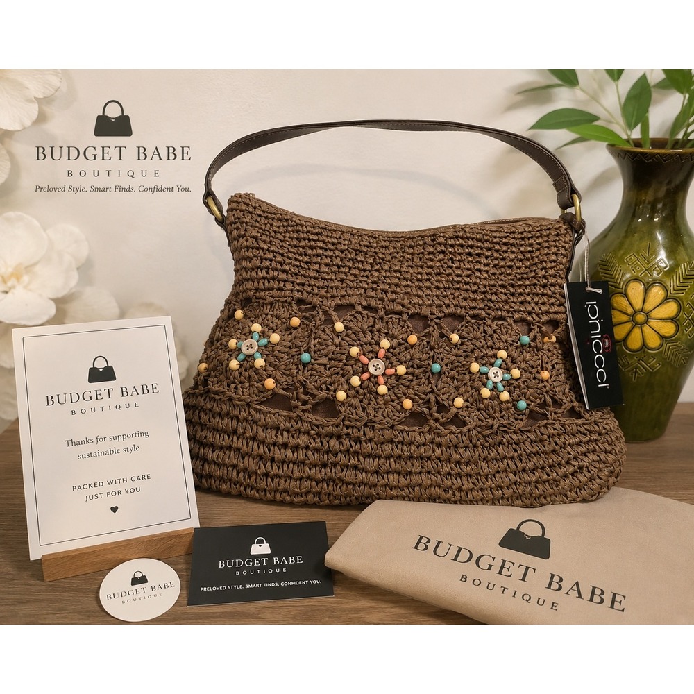 Minicci Brown Straw Tote Bag Beaded Floral Boho Woven Shoulder Bag Handbag